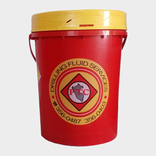 balde rojo con tapa amarilla de baritina, que es un mineral densificante para la perforación minera